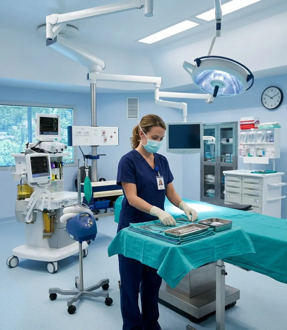 Nurse preparing a surgical operating room with certified medical equipment from Mart Medical